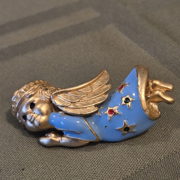 Rare Find Gold Tone Blue Angel W/ Rhinestone Halo Stars, Gold Wings Vintage 80's - Picture 8 of 12